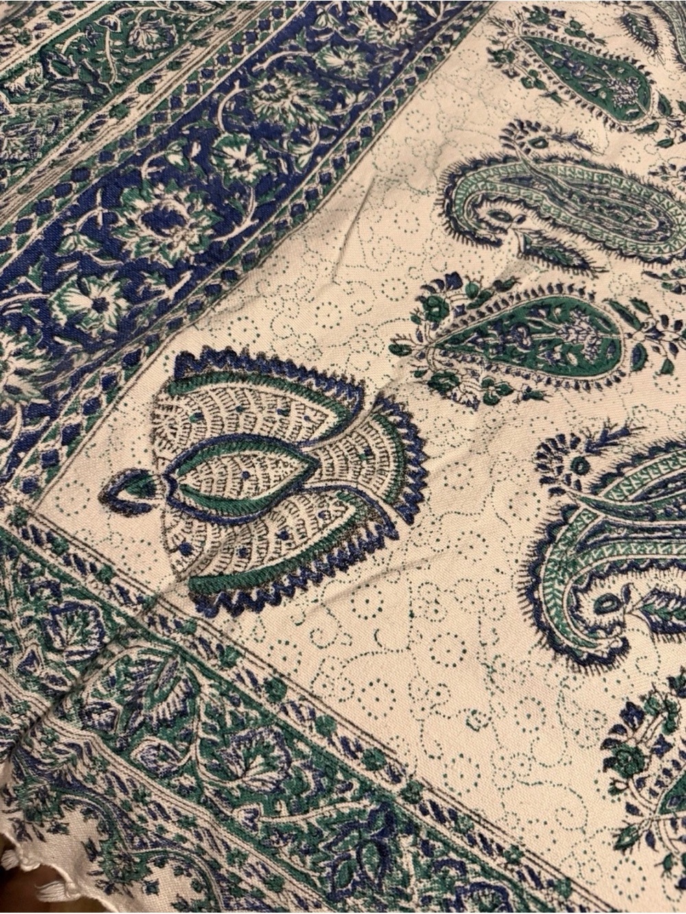 ANTIQUE Esfahan Iran Hand Block Painted Ghalamkar Cotton Fringed (53”x78”) - Picture 11 of 15